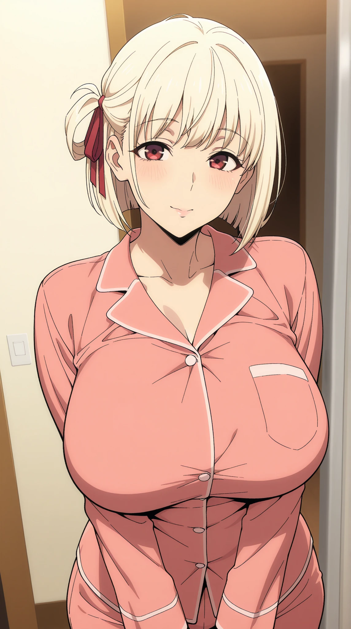best quality, high resolution, 8K, anime art style, beautiful detailed eyes, extremely detailed face, soft expression, stylish pose, Angelica V4,1girl,solo,red eyes, (nurse uniform, hospital room, blush, cowboy shot), looking at the audience, in the center of the image, beautiful large medium-sized breasts, beautiful face, slim waist, appealing, soft lighting,