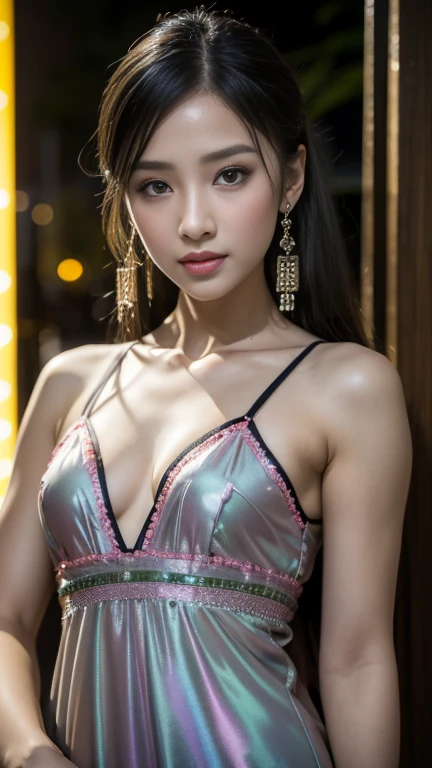 ((Realistic lighting, Highest quality, 8k, masterpiece: 1.3)), Clear focus: 1.2, 1 girl, Perfect Body Beauty: 1.4, Slim Abs: 1.1, ((Dark brown hair, Big Breasts: 1.3)), (Finished with body paint，Body Painting Costume, transparent_ Plum Garnet Solo Mesh Sundress、Wearing a lot of rhinestones、Deep slit : 1.4), (outside, Night view: 1.1),Abandoned Chinatown，Yokohama，Body Paint Dresses， whole body, Long legs, Highly detailed face, Beautiful Eyes, double eyelid，（idol carving&#39;stop temporarily）