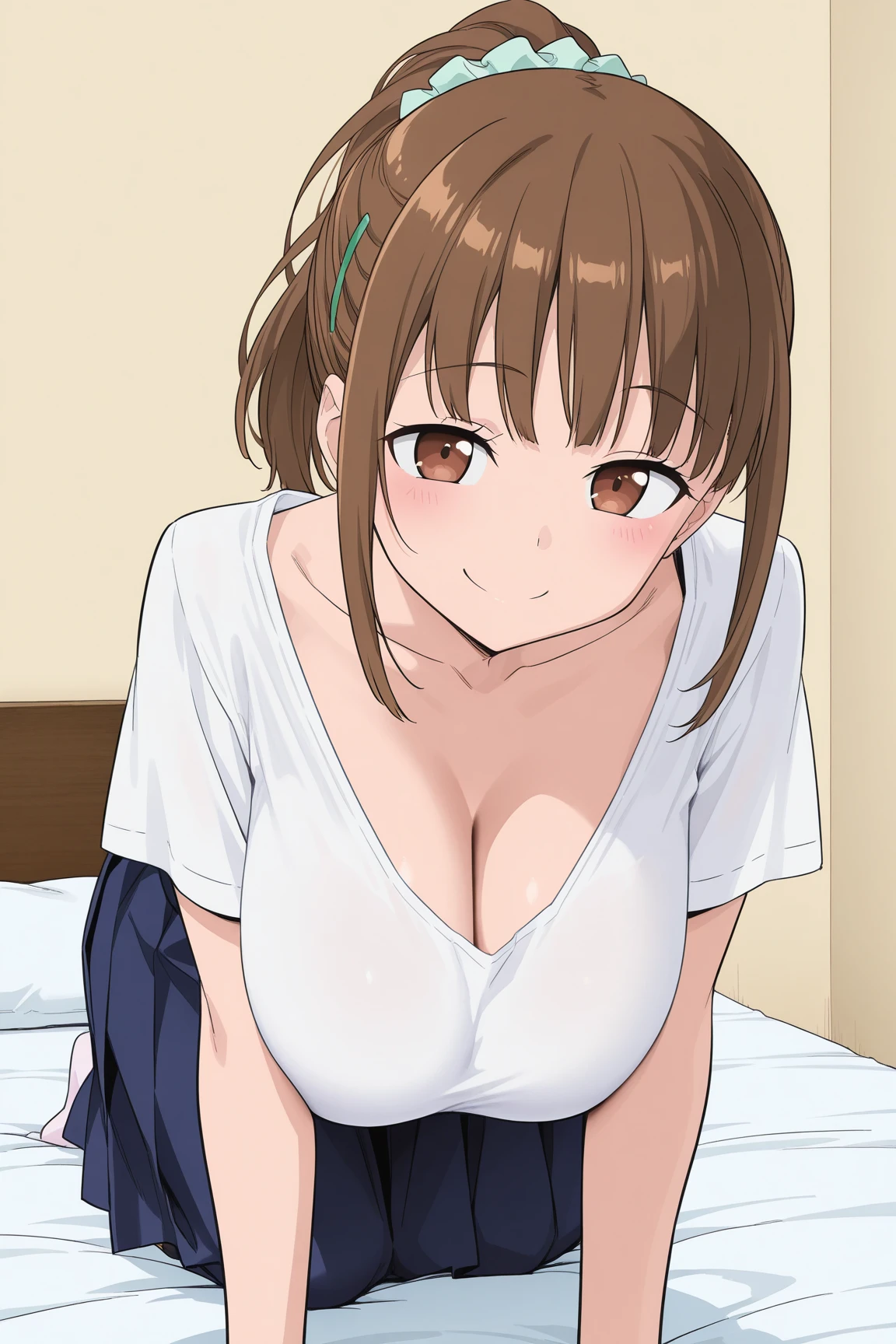 (((pixel perfect, detail perfect))), alone, 1 girl, Misaka Mikoto, tokiwadai , bow, looking at the viewer,, whole body、(Breast Exposure、Nipple exposure、medium breasts))、smile、Tokiwadai Junior High School Uniforms、白いパンティー,lie down on the bed