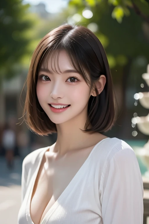 (((Definitely shoulder length, short, Straight Brown Bob)))、(((She has a summer park in the background、Posing like a model in a hair salon.)))、(((Random and cute street fashion)))、Face close-up、Half Japan, Half Korean、18-year-old girl、Independent、I&#39;m looking forward to、Light eye makeup、Brown Hair Color、Flat 、Hair blowing in the wind、Quality of actress、Shiny, Ultra-realistic faces、smile、Watery eye、look up、Subtle lighting effects、 Ultra-Realistic Capture、Very detailed、High resolution 16k human skin closeup。Skin texture must be natural、The detail must be such that the pores are clearly visible.、skin is healthy、Even Tone、Use natural light and color、High quality images taken by modeling agencies&#39;Exclusive photographer、smile

