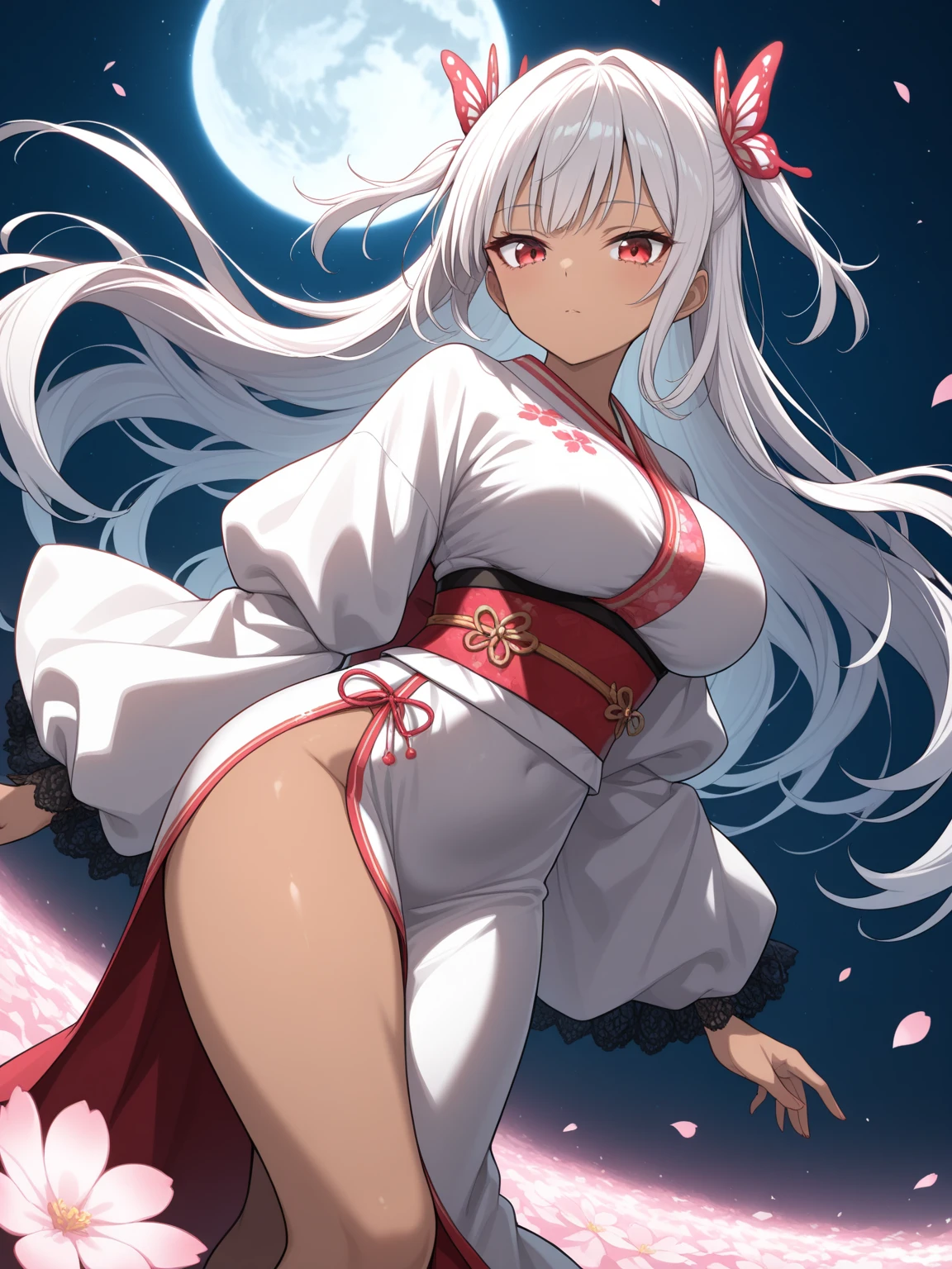 (masterpiece, Highest quality, Highest quality, Official Art, White skin, beautifully、aesthetic:1.2), (One girl), (Detailed yellow eyes), Highly detailed eyes, (Perfect Face), (White kimono with red stripes:1.3), ((Undressed)), ((Big Tits:1.4)), ((Showing thighs:1.4)), Dynamic pose, (colorful), Most detailed, Complex, (Perfect Face), Glowing Skin, (White fox), (Cherry blossom petals), Cinematic Light, High Contrast, full moon, (Starry sky background:1.3), (Floating lanterns:1.2)