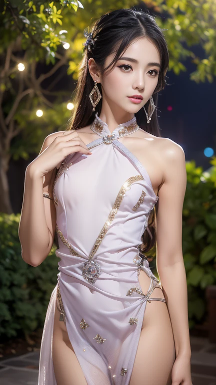 dress,navel, (knee shot), (Surrealism), (illustration), (Resolution enhancement), (8k), (Very detailed), (Best illustration), (beautiful and delicate eyes), (best quality), (super detailed), (masterpiece ), ( wallpaper), (Detailed face),one blonde, curls,(High top fade in and out:1.3), (Smile brightly, bright look), dark theme, soothing tone, pastel colors, high contrast, (natural skin texture, Surrealism主义, soft light, impatient),exposure blending, medium shot, Bokeh, (human development report:1.4), high contrast, (Movie, teal and orange:0.85), (pastel colors, fade, soothing tone:1.3), high saturation, (super detailed:1.2),(big breasts :1.2)