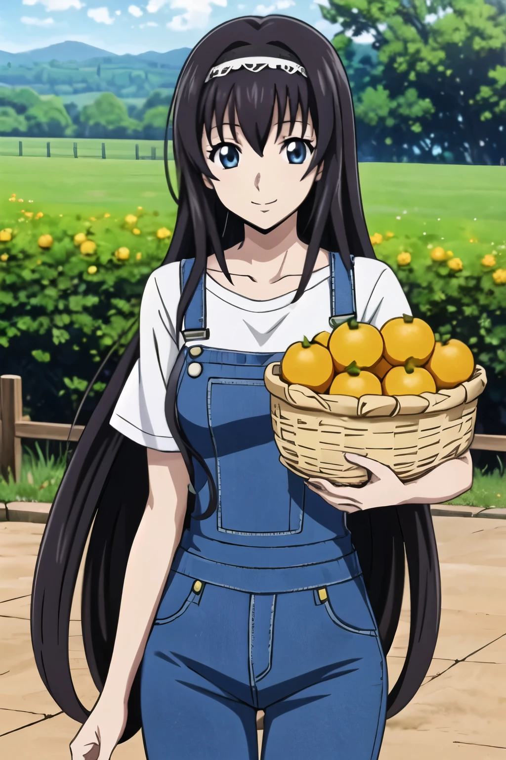 1 girl with black long hair, hair band, (quaint countryside setting , summer day) , (carrying a basket full of oranges in front of a wooden fence) ,  (blue denim overalls over a simple white t-shirt) ,(background: rolling hills , a distant barn , wildflowers) , soft sunlight ,  orange trees, in the orange grove, smile,  (Anime style, masterpiece, best quality , High Resolution , anime color , Anime style, sharp, 8k, realistic), digital animation art!!, anime style, Official Artwork , visual novel CG, 