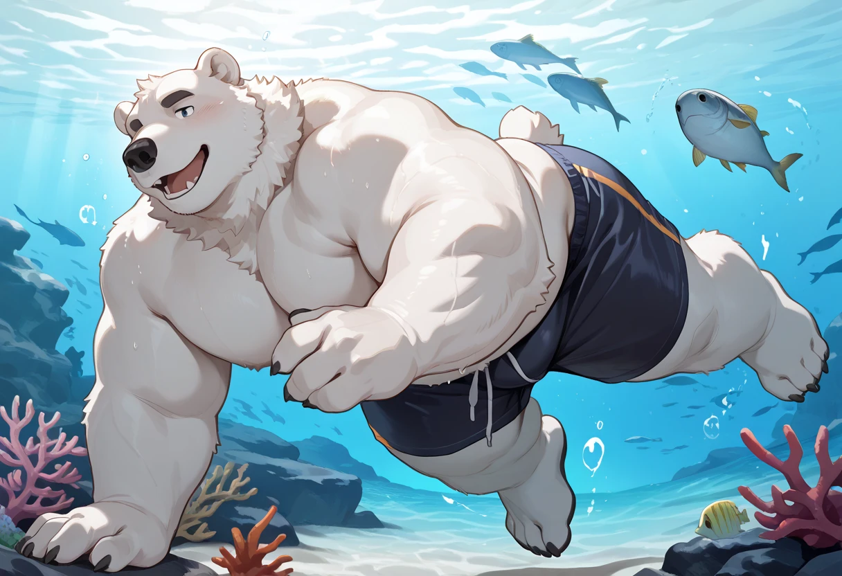 New Jersey 5 Furry,polar bear,((kneel)),(((arm support the ground:1.2))),Masterpiece,Highest image quality,Solitary,Chubby,Fat,Thick arms,Rugged muscles,(((White plush fur))),Chubby Face,Black eyebrows,Sky blue eyes,((ahoge)),(sunbathe),solitary,(Hip bulge),Topless,transparent Briefs:0.8,blush,(beach),(nipples),(sweat),((happy))