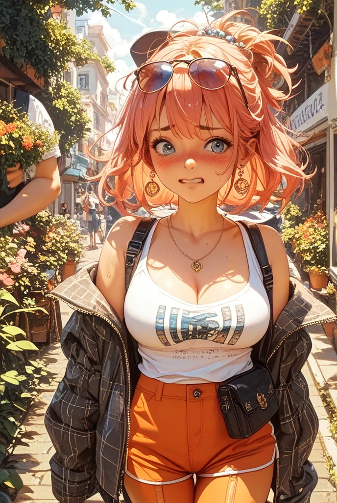 1 girl brown hair at the roots and the bottom of the hair is pink. ojos verdes y pelo corto rizado. Camiseta azul como ropa estilo cyberpunk. She smiles with a flushed face. ojos verdes oliva. lleva gafas azules oscuro