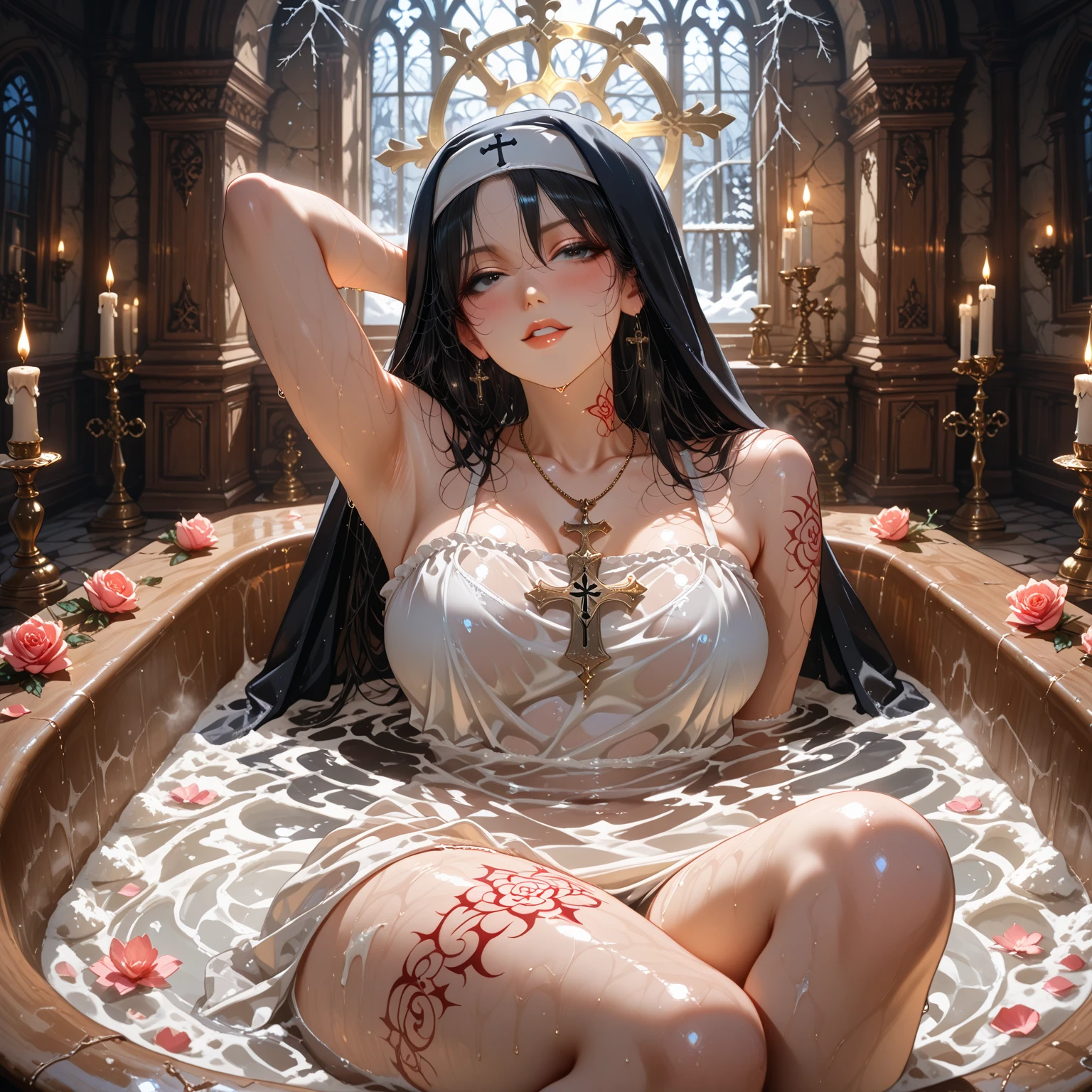 anime style, random ethnicity adult vampire woman with sculptural body, very long, straight hair, random color, bathing in a bathtub full of blood, She has her mouth open showing canine teeth that are larger than the other sharp vampire teeth, she has a cup of blood in her hand, the bathroom has old tiles, incense smoke, candles in candelabras, the lighting comes from these candles add to the scene an open window with the full moon appearing