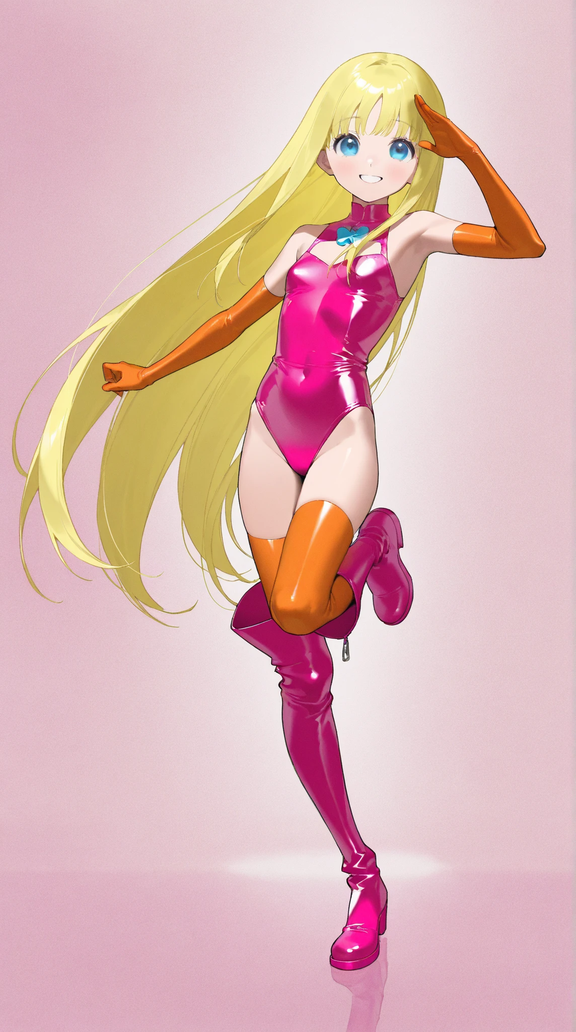 masterpiece, best quality, highres, 1girl, solo, superhero, leotard, bare legs, matching boots, sleeveless, looking at viewer, perfect hands, perfect eyes, perfect leotard, perfect legs, perfect arms, perfect fingers, medium breasts, pink leotard, standing, (blonde hair), long hair, knee boots, blue eyes, heart cutout, cute face, hair down, bangs, sleeveless, pink gloves, pink footwear, cleavage cutout, smile, full body with costume, Character Sheet Full-Length,