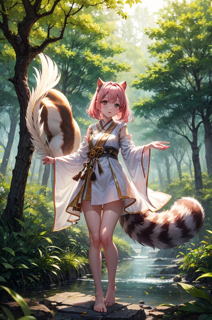 High resolution　Highest quality　The only one in the world　woman　Fox ears and tail grow　There are 9 tails　　Gentle smile　Holding a Japanese umbrella　kimono　Big Breasts　Deep in the forest where the sun shines　A clear lake behind　The bottom is transparent and reflects the back of the person.　Her clothes have absorbed water and are now transparent and sticking to her buttocks