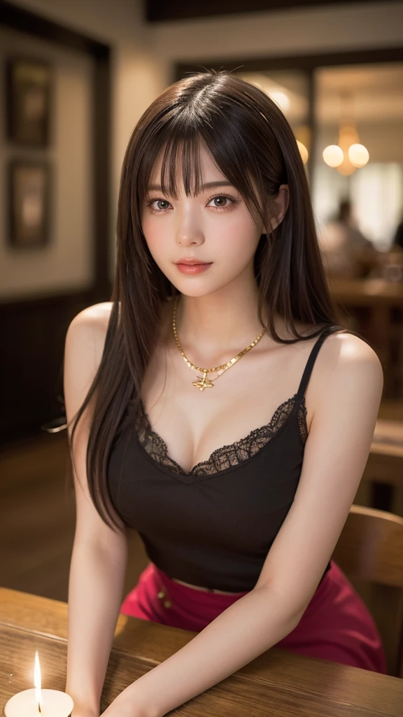 (masutepiece, Best Quality:1.2), 8K, 85 mm, Official art, Raw photo, absurderes, violaceaess, rosaceaess, gardeniass, Beautiful Girl, Pretty Face, close up, Upper body, Cinch West, Black Tailored Suit, Suit jacket, V-neck shirt, Looking at Viewer, (cleavage:0.7), Large breasts, Necklace, Film grain, chromatic abberation, Sharp Focus, face lights, clear lighting, Detailed face, (Bokeh background:1.2),(nightclub:1.5,Night lounge:1.5, hostess:1.6), ((Golden lighting))、(Velvet celebrity dress、Sit on a luxurious two-seater sofa、POV:1.5),(Big Breasts)
