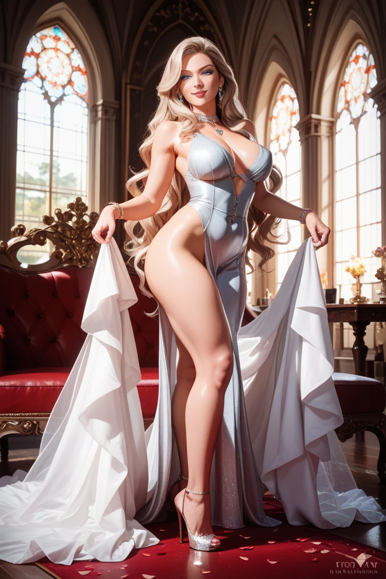full body of blonde scandinavian goddess, face of elsa hosk, very large breasts, revealing white silk dress with deep cleavage, bare feet, small feet, large elaborate amber necklace, light blue eyes, golden blonde wavy hair, red lipstick, seductive gaze, volumetric lighting, photorealistic, meadow background, ultra detailed, best quality
