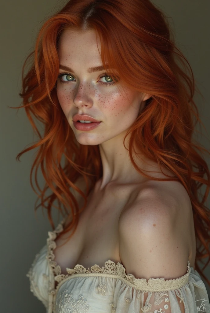 a red-haired girl with fair skin and freckles, long curly light orange hair, emerald green eyes with a sarcastic expression, gorgeous body, with beautiful and much bigger breasts, all naked, highly detailed and expressive face, (best qualityer,4K,8k,high resolution,work of art:1.2),ultra detali,(realisitic,photorealisitic,photo-realisitic:1.37),portraite,conceptual artwork,dramatic lighting,bright coloured,details Intricate, (Avoid deformed and poorly designed eyes)