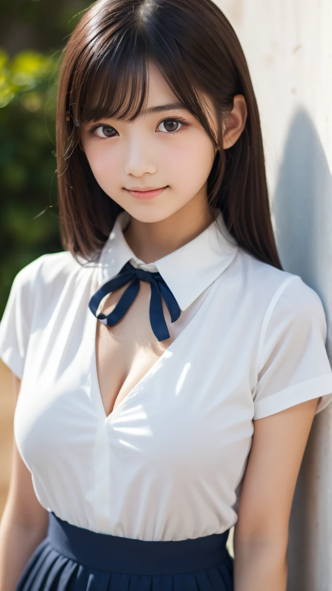 cute, アイドルのようにcute16歳高校生、Smiling Kindly、High school suburban classes、高校の制服はCleavageが見えるデザイン、Small breasts、Cleavage、Forest Park、Dim lighting、whole body、RAW Photos、Genuine、Real、Realスティック、Raw photo、High resolution、Life、No copyright notice