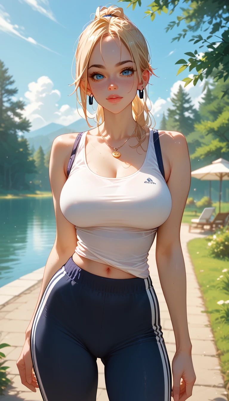 1girl, girl in white sleeves loose fitted tank top, blue jogging shorts, wet clothes, short blonde hair, medium hair, beautiful eyes and face, pale skin, golden golden hour, running in a park, clouds, grass, trees, lake, professional digital art, high rendering, high detailed, ultra quality, high resolution, 4k, by michael garmash, lifted shirt, show big breasts
