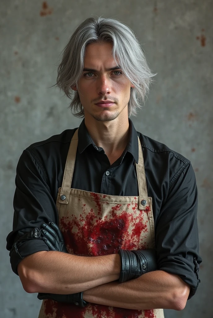 Man wtih cool face, red eyes, white haired using full of blood imperial suit