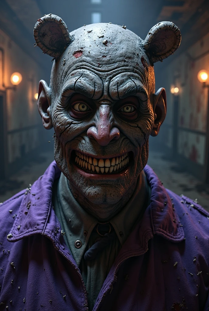 Create an unsettling animatronic head, reminiscent of Freddy's, adorned with ears similar to Bonnie's, boasting an open jaw agape in a perpetual scream, attached to a bulky purple body that appears to be embled from rusted machinery and worn fabric. The contrasting gaze is mesmerizing, with one eye a bright, glowing green and the other a deep, icy blue, emitting an eerie, pulsing glow in the dark. Set against a neon-lit, dimly lit Freddy Fazbear's Pizza backdrop, with streaks of rust and aged wood, the overall aesthetic exudes a cinematic, horror-stricken ambiance, transporting viewers into the nightmarish world of Five Nights at Freddy's.
