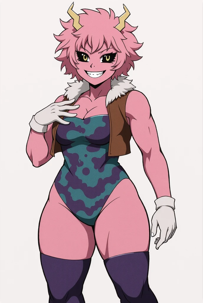  score_9, score_8_up, score_7_up, score_6_up, score_5_up, score_4_up, BREAK 1girl, , rating_explicit,, 1girl, , ,mina ashido from my hero academia,rating_explicit, pink hair, horns, black sclera, pink skin, body suit, exposed breasts, exposed pussy, nudity, , gradient background, yellow vest, fur collar, standing, 