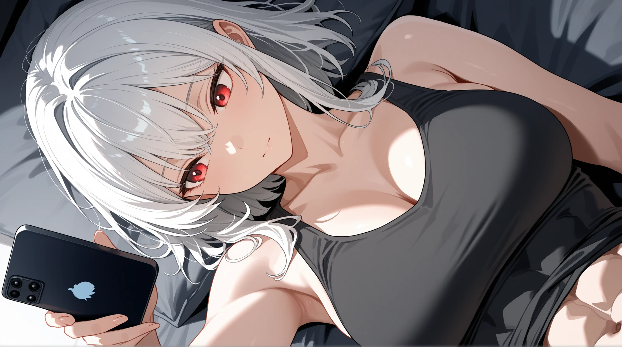 ((top quality, Very delicate, masterpiece)), (A detailed face,) ((detailed look:1.8, Highlighted red eyes)), full body, young adult, black airy hair, half up, Seductive smile, steam:1.3, ((choker, earrings, tattoo)), (Very large breasts), (black negligee, white garter stockings), Sweaty skin:1.5, bed, showcasing cleavage, lying down pose, high angle:1.5,