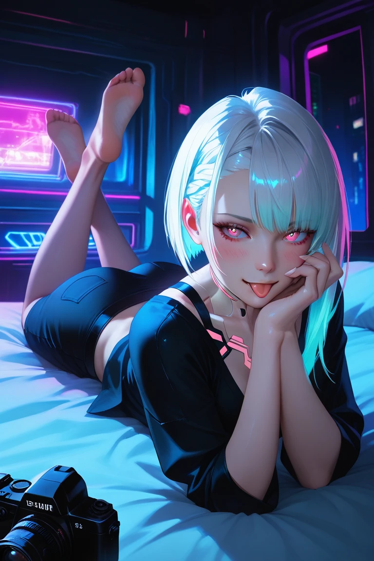 Masterpiece, best quality, extremely detailed artwork, award winning.
(hyper-realistic:1.4)
(Night, night time:1.4)

cyberpunklucy, lucy, short hair, bangs, blue eyes, blue hair, multicolored hair, makeup, multicolored eyes

NSFW, on a bed, on stomach, ass up, 

Indoors, bedroom, city, moon, night, sky, clouds
