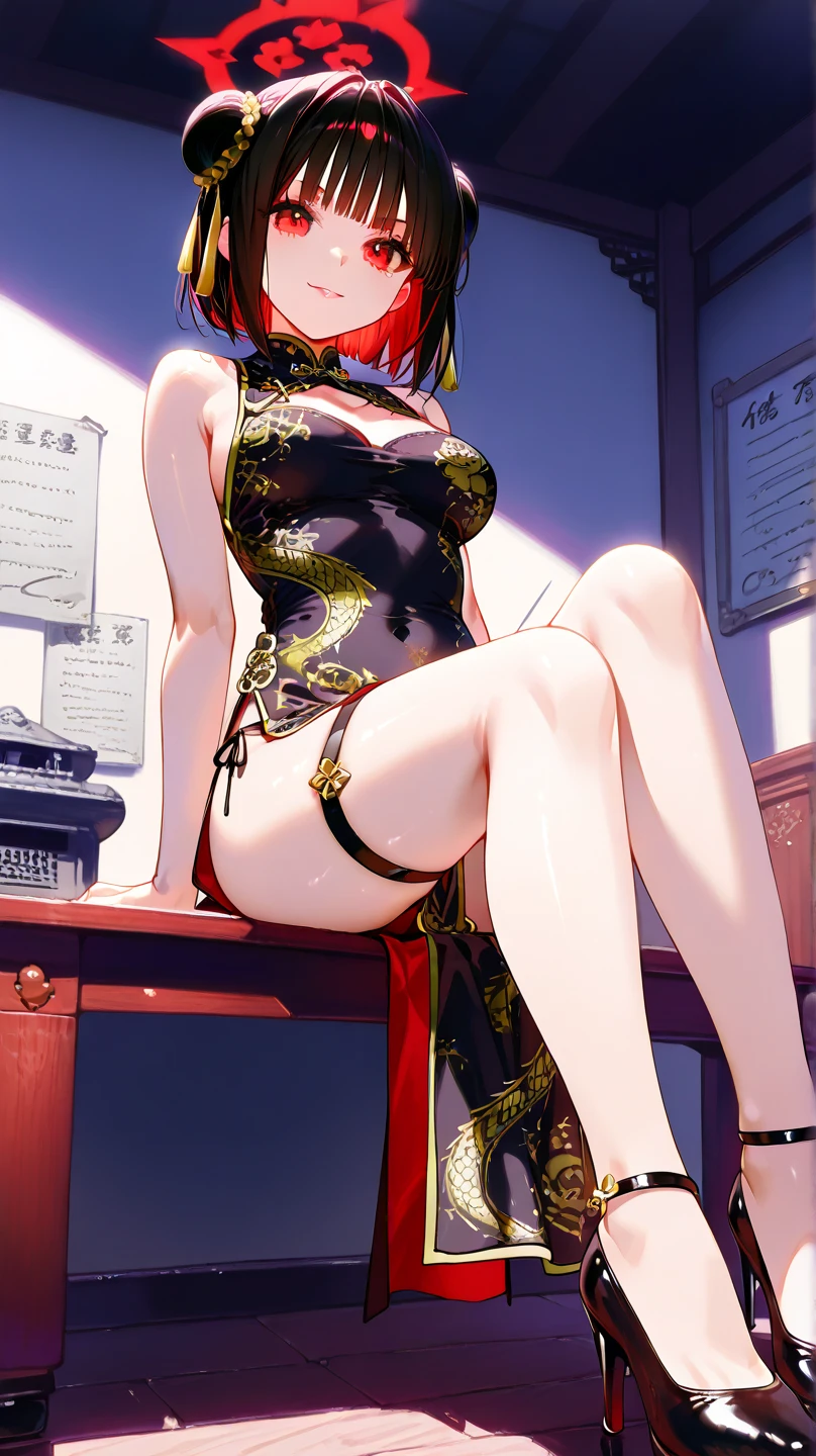 (tmasterpiece:1.2,best qualtiy),(Fine beautiful eyes:1.2),A red-haired girl with double ponytails,greene eyes,only 1girl,15,Red super short cheongsam,The slender legs are wearing high heels and stockings