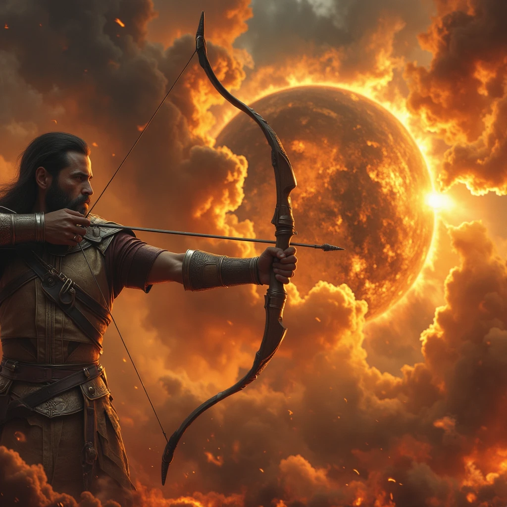 A man with a bow and arrow tearing a meteor in half broke into 1.000 pieces and saved the earth