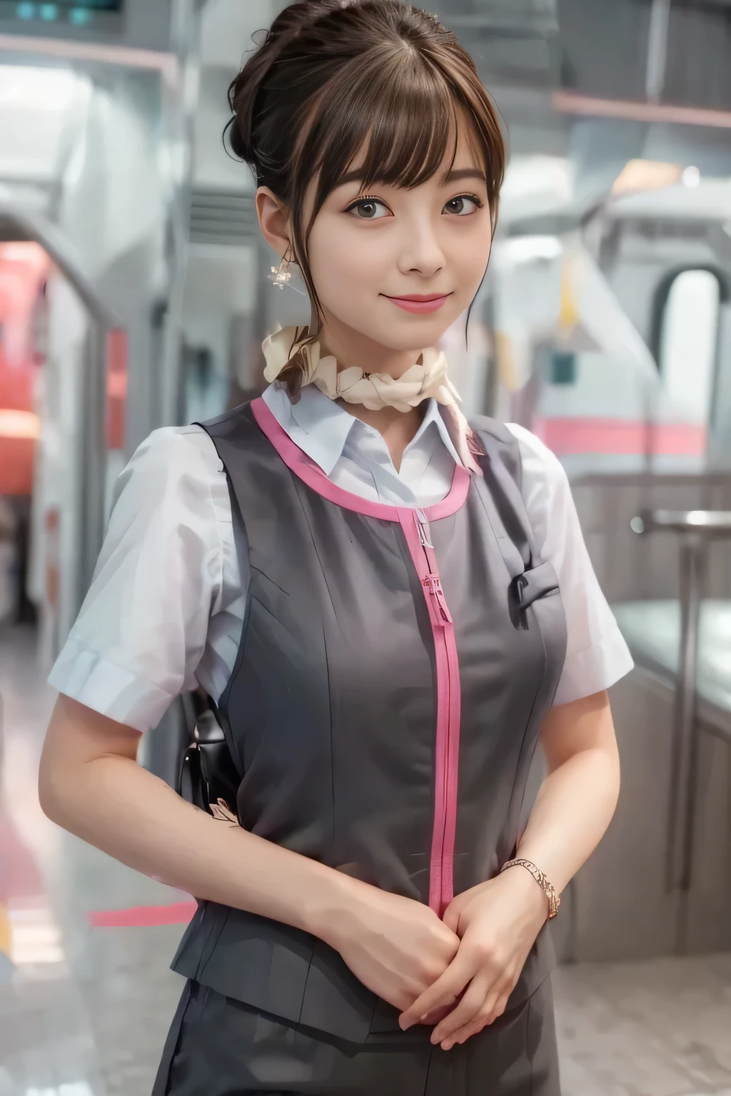 (masterpiece:1.2, Highest Quality:1.2), 32kHDR, high resolution, (alone、1 girl on break day)、( station platform waiting for streetcars、Professional Lighting)、Empty station platform waiting for streetcars background 、( realistic style of JR Gran Class crew uniform )、Short sleeve blouse、 scarf wrapped around the neck 、( JR Gran Class flight attendant uniform with pink decorations on the sleeves )、( vest JR Gran Class flight attendant uniform with pink lines on the front zipper)、Dark Brown Hair、( hair tied、hair bun、hair bun)、Dark Brown Hair、 long hit 、Big Breasts、(( amazing hand :2.0)),((A harmonious body shape:1.5)),((normal limbs:2.0)),((Don't make the:2.0)),((clock:2.0)),((Normal eyes:2.0)))、Big Breasts、 fine necklaces、earrings、smile、Beautiful position, Place your hands around your stomach
