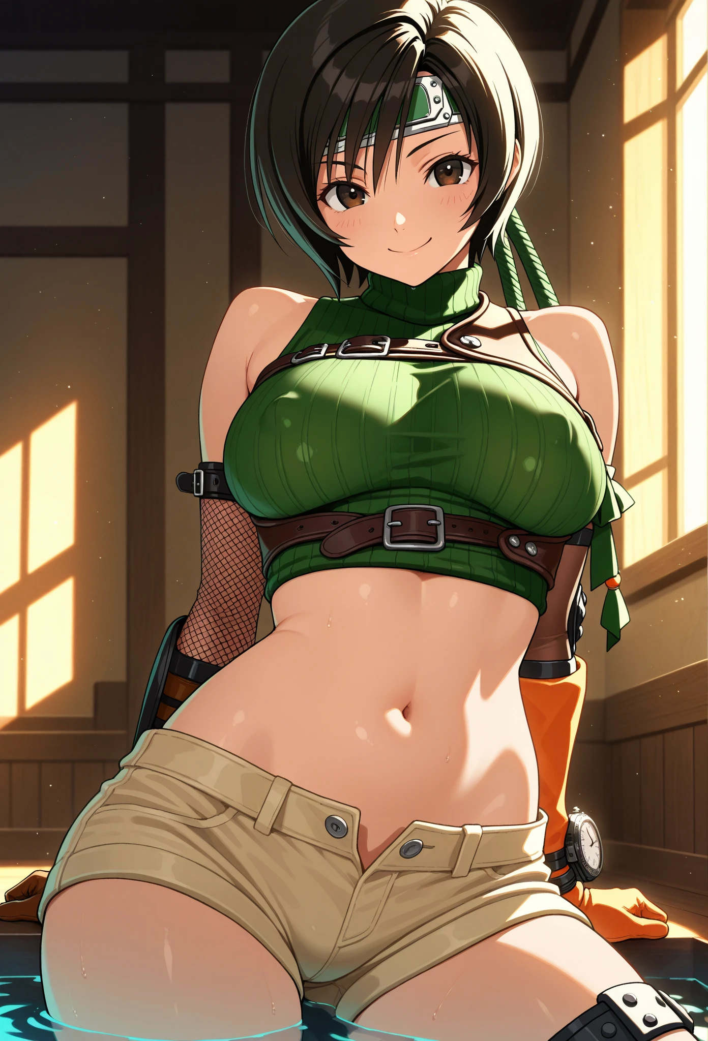 Final Fantasy Seven, Yuffie,Short hair, head band, Navel, Sleeveless, turtle neck, Brown eyes, sleeveless turtleneck, breasts, gloves, croptop, Brown hair , Shorts, Midriff, armor, Sweaters, open fly, Fingerless gloves, Ribbed sweater,8k,beautiful,best quality,detailed,exquisite,extremely detailedfinely detailed,high quality,insanely detailed,masterpiece,ultra detailed,ultra highres,ultra quality,