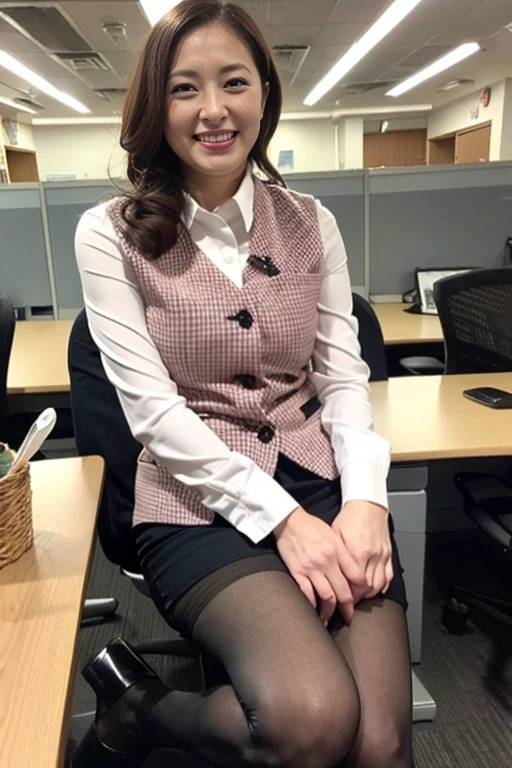 Highest quality、8k、masterpiece、Ultra-high resolution、Clear photos、Professional Lighting、Natural light、Realistic,、Highly detailed skin、Perfect Anatomy、(Beautiful Hands)、(Beautiful fingers)、One Woman、Age 25、Baby Face:1.8、Large Breasts、(Large areola)、Glamour、Bob Hair、Brown Hair、Beautiful Hair、smile、Star Uniform、Black vest、Short-sleeved shirt、Black tight mini skirt、((Perfect Pantyhose:1.2))、((Black Pantyhose:1.1))、on the train、Sitting in a chair、(Panty Shot)