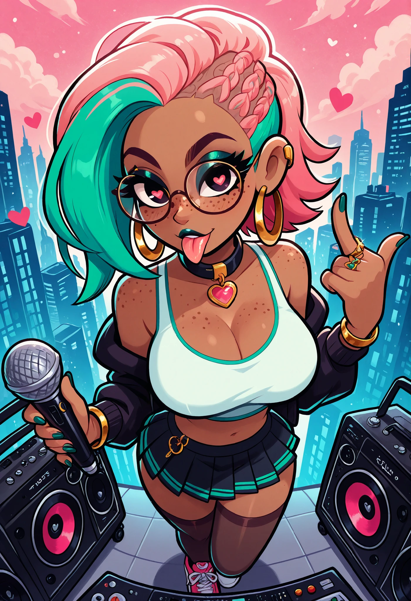 masterpiece, best quality, very aesthetic, absurdres, safe, (masterpiece), 1girl, solo, best quality, expressive eyes, perfect face, newest, perfect anatomy, flawless face, dark skinned African female with cornrows and glasses, hoop earrings, gold rings, off the shoulder tank top, midriff, short pleated pink miniskirt, multicolored hair, white panties, collar with heart pendant, sneakers, color saturation, makeup, lipstick, glossy lips, freckles, big breasts, big butt, hair blowing in wind, green hair, two-tone hair, seductive expression, sexy look, looking at viewer, black knee high stockings, dimly lit, backlit, backlighting, at a party, wallpaper, colorful pink and green cloudy sky, city skyline in the background, heart ring, pink hair, boombox, turntable, holding a microphone, music notes, L finger sign on head, sticking tongue out at viewer, pov from above, portrait