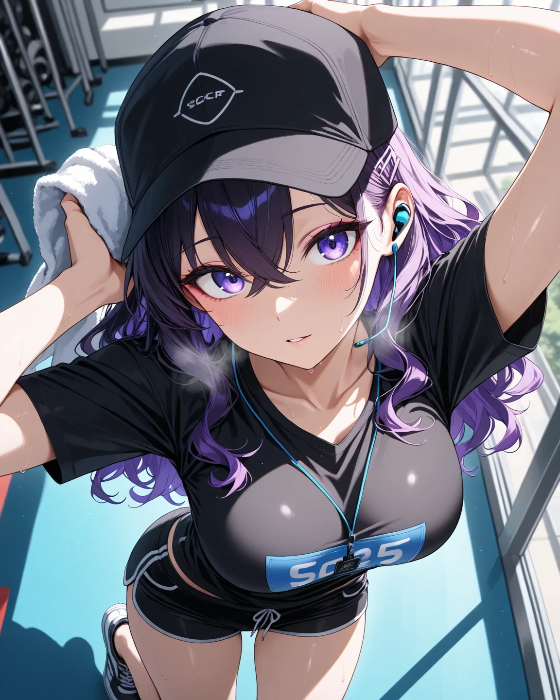 masterpiece,best quality,1girl,solo,medium breasts,wide hips,mk99,purple eyes,silver hair|blue hair,headgear,drill,facial mark,sportswear,sports bra,buruma,serious,arms behind head,gym,indoors,dutch angle,<lora:Concept-control tool-add_detail-CyberAIchemist:0.8>,<lora:MK99_-spl:0.7>,