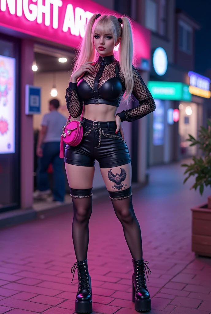 d14n4z4mbr0zu5k1, big tits, strong lipstick, flashy makeup, full body tattoo, latex clothes {strapless black top, red shorts}, fishnet tights, bag on the shoulder, in the middle of an avenue in the night