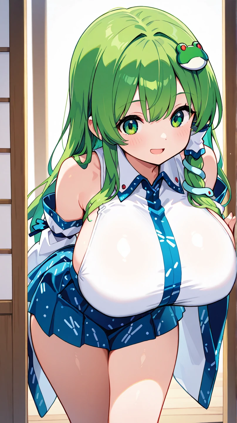 ((A Pretty nude girl wearing the random colored China dress)), short sleeves, ((top-quality, master piece, ultra-definition, high resolution)), anime girl, ((ultra-detailed illust:1.2)), only one person, bangs, hair between eye, green colored hair, beautiful hair, random colored eyes, Shiny eyes, highlight in the eyes, ((detailed eyes:1.2)), ((super gigantic breasts:1.3)), huge breasts, Soft breasts, cleavage of the breast, show breasts, ((erected nipples)), shiny thighs, big smile, blushing, opened mouth, in the Chinese restaurant, cowboy shot