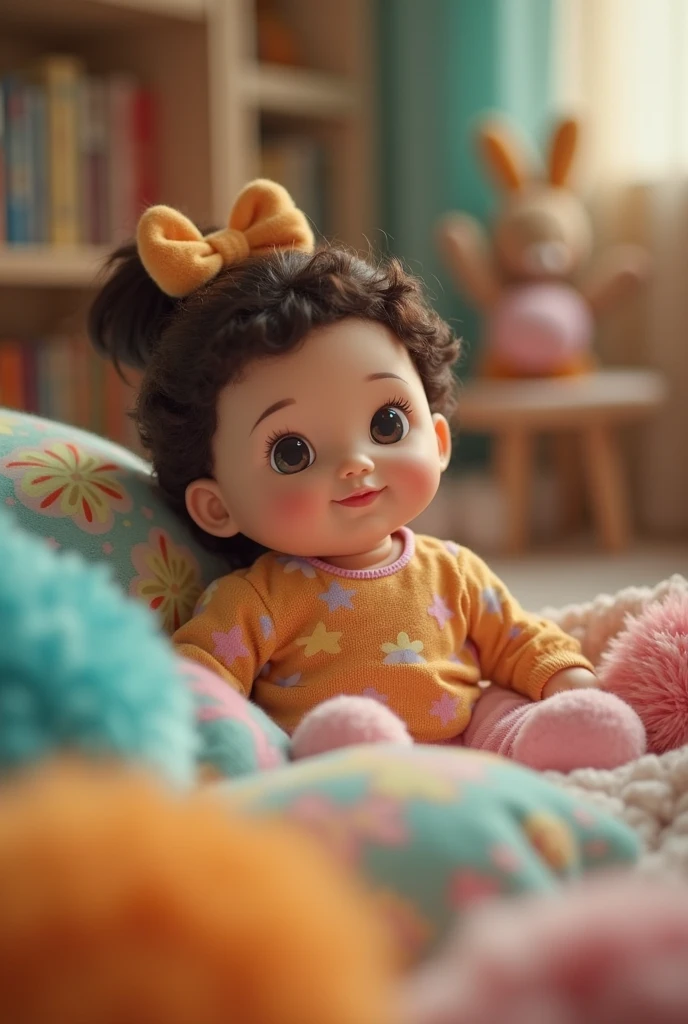 There&#39;s a doll playing on the sofa, sala de casa, Pixarman Rendering, foto pixar retrato 8k, Pixar 3D rendering, pixar rendering, Beautiful 3D rendering, adorable digital painting, Pixar Arte 3D, design de personagem bonito pixar, Pixar. octane rendering, Pixar 3D Animation Style, renderizar na pixar
