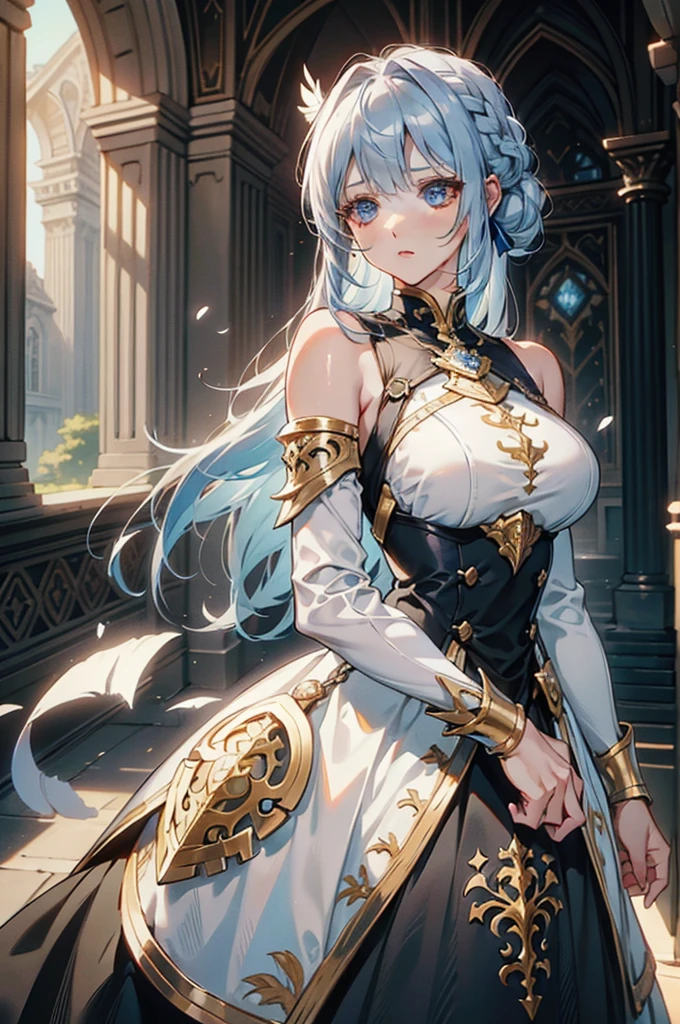 One girl, labrynth, Silver Hair, Grey Eyes, big breasts, horn, Cleavage, silver castle, Exquisite, blush, Nervous,Cowboy Shot, ,High quality generation of dark female characters, Unreasonable,Her figure is terribly beautiful, Emphasizing the dark and crazy elements. Skillfully expressing the effects of light and shadow, detailed, The face and expression of the black costume are also carefully drawn.., Artistic elements add depth to the work, With a unique artistic touch. This film is visually stimulating and aesthetically pleasing.