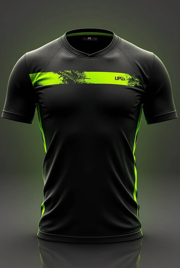 back of 3d floating black t-shirt, forest background and written logo "FELRAY"