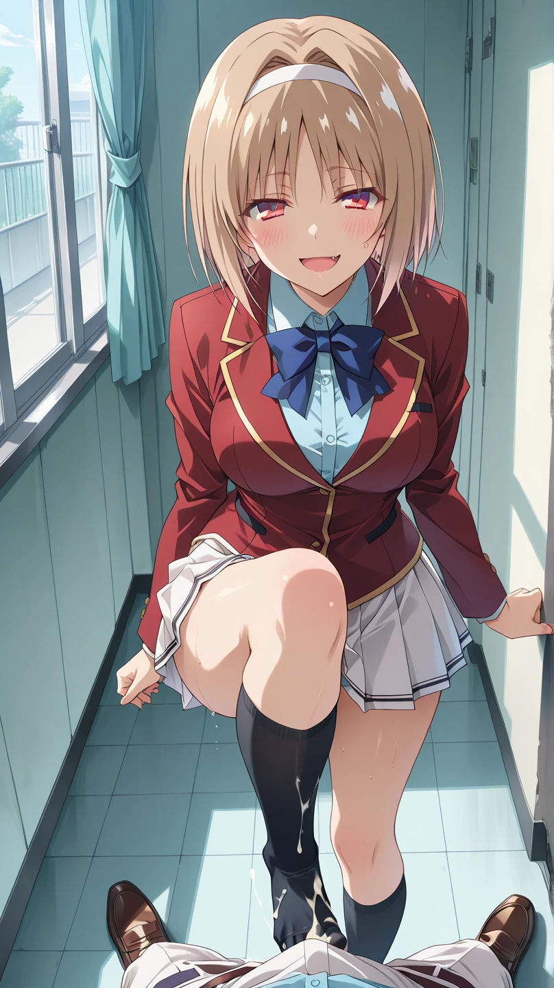 masterpiece, Highest quality, High resolution, Ahyu, short hair, Single hair bun, redい目, chest, clavicle, (red_Neck ribbon), White shirt, Dress shirt, blazer, Black jacket, Open jacket, Long sleeve, Checked skirt, Are standing, Cowboy Shot, Outdoor, smile, red面, (Wide pelvis:1.5), (Thick thighs:1.5), (Lift up the skirt:1.5), (Pink Panties:1.5), (Perfect Fingers:1.5), (From directly below)