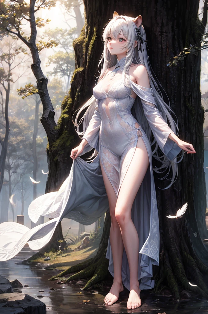 (a teenage tensei shitara slime anime character) Rimuru Tempest, with prominent and piercing eyes of a (((scarlet red))), which exude an aura of cold determination and a sharp intelligence, (hair is light heavenly blue), flowing and smooth, neutral mouth, cold gaze, reflecting an unshakable personality and an indomitable spirit, The white hood that covers the character's head adds a touch of mystery and nobility, complementing his enigmatic and powerful presence, complete character, ((( setting in the forest))), white skin, highly detailed scenery, (wearing a white sheet), full body shot, (cold expression), sideways character looking to the left side of the scenery