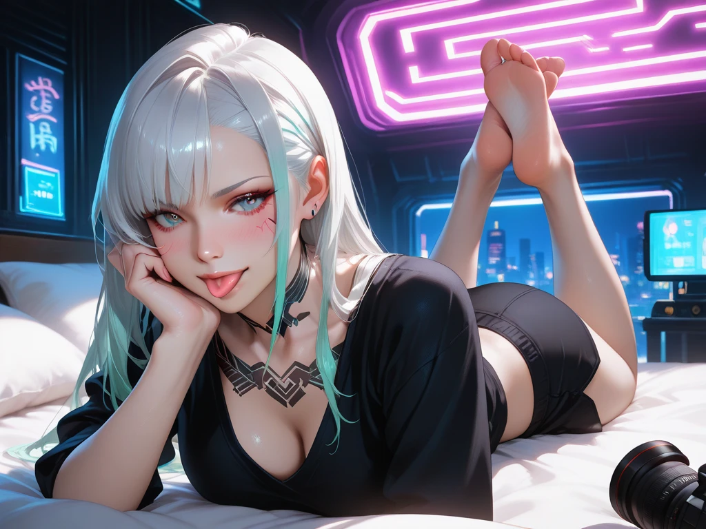 Masterpiece, best quality, extremely detailed artwork, award winning, 16k resolution, illustration.
(hyper-realistic:1.4)
(Night, night time:1.4)
cyberpunklucy, lucy, short hair, bangs, blue eyes, blue hair, multicolored hair, makeup, multicolored eyes
NSFW, NAKED BREASTS, on a bed, on stomach, ass up,
Indoors, bedroom, city, moon, night, sky, clouds