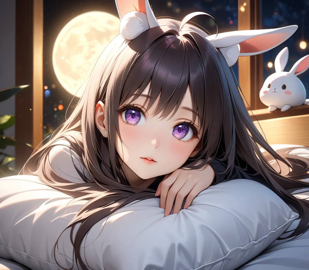 Rabbit-eared girl lies face down on bed in the middle of the night