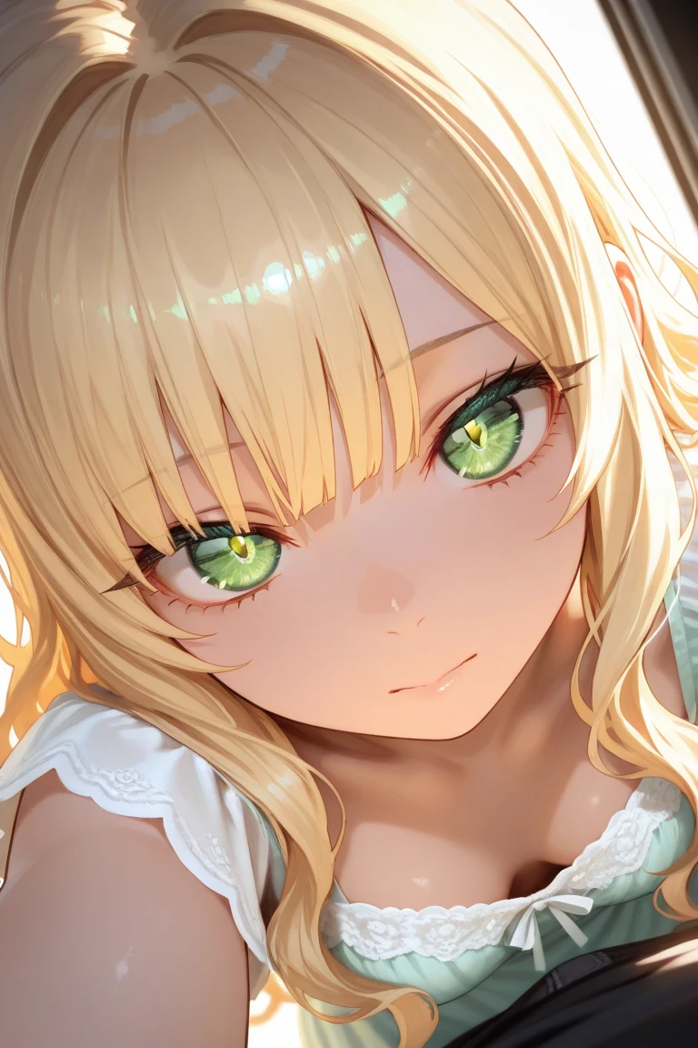 teles, (masterpiece), best quality,  blonde hair, long hair, green eyes, 1girl, looking at viewer, bangs, upper body, petite, blush, pillow, pajamas, sparkle, :o, short sleeves, collarbone, closed mouth, bangs, puffy sleeves, lying, Big breast