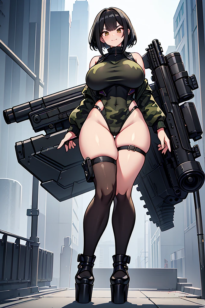 exited, smile, scream, Open mouth, young girl, Pullover, whole body to see, curly short hair, (( very wide hips)), (((colossal Thighs, gigantic thighs, very huge thighs, very big thighs))), fullbody, platform heels, black skin, very Big breast, gun, soldier girl , full body, military , mini bikini, cyberpunk, battle, tight stockings, big smile showing teeth, closed eyes,