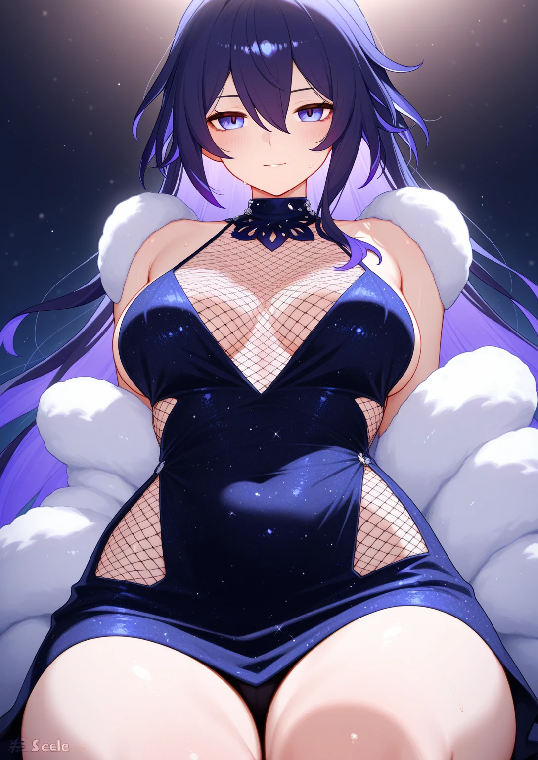 Obra maestra, La mejor calidad, 1girl, with long, iridescent hair in purple tones, azul, y verde, con un elegante traje negro, standing in a dramatic pose with one hand on the hip and the other holding a magic crystal ball. en segundo plano, A swirl of light and energy adds to the mysterious and enchanting atmosphere of the scene.. Cabello resplandeciente, sexy big breasts,sexy body