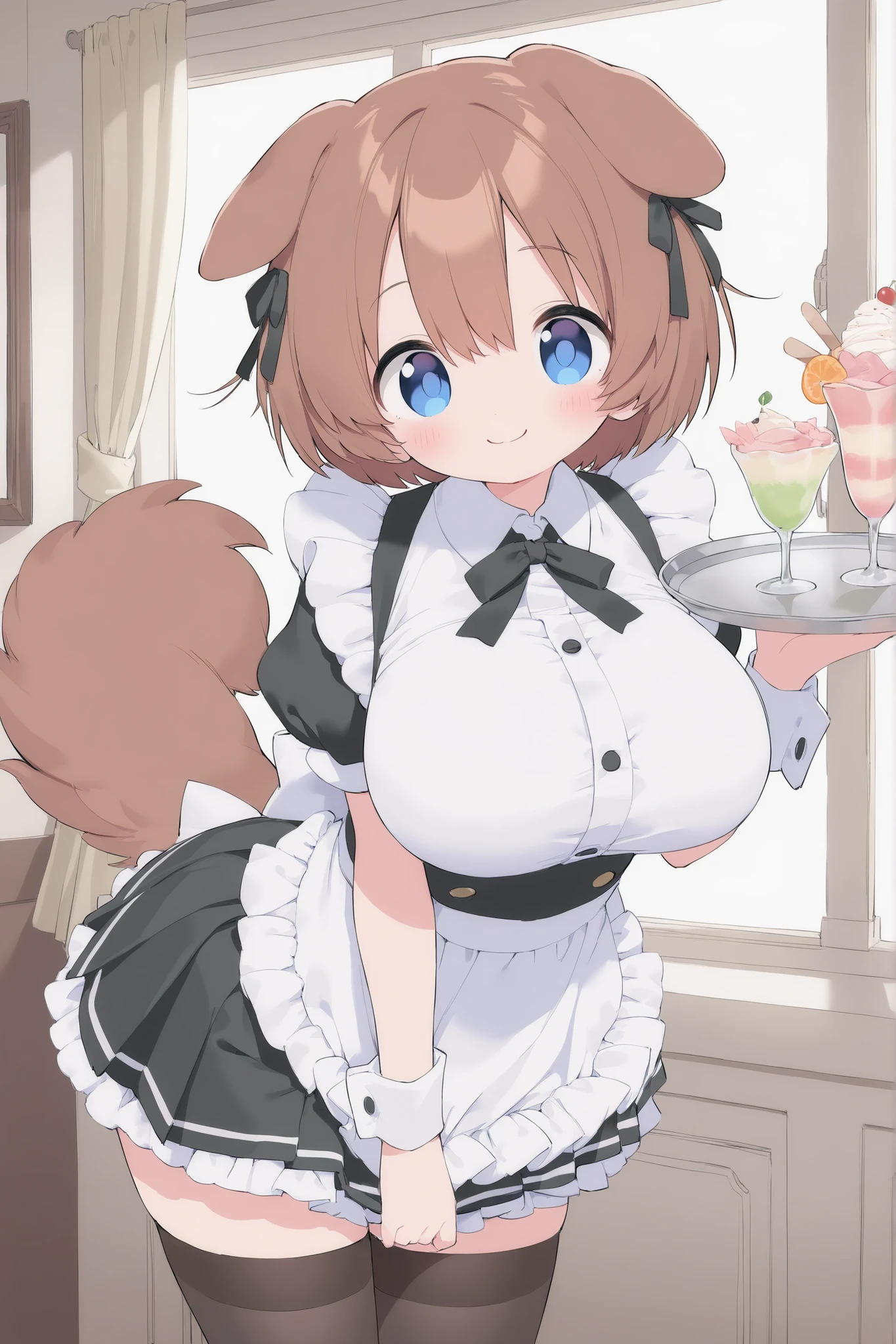 Highest Quality、8k、very detailed CG、Cowboy Shot、dynamic angles that gather at your fingertips、Western-style building interior、one girl、Beautiful Girl Lori Is Alone、smile、Beast Girl、Big Breasts、、Dog girl、with dog droopy ears and curled tail、Naughty and cute maid clothes、Holding a tray、pleated miniskirt、black thigh high stockings