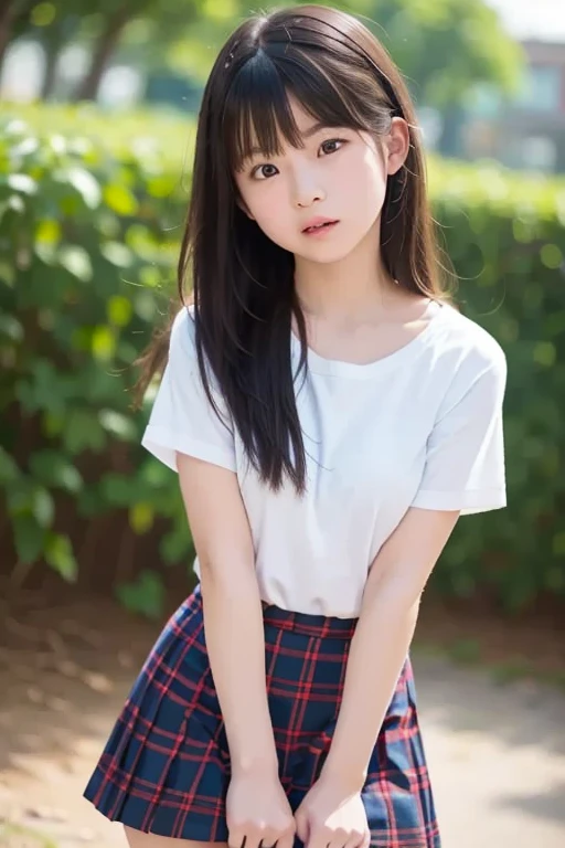 8k,Japanese,9 years old,Innocent and innocent face,highly detailed face,kind eyes,straight bang hair,hair blowing in the wind,girl,cute,summer clothes,everyday wear,short sleeve,random color shirt,Random skirt,in front of the flower bed in the garden,sitting,semi-long black hair,Decolletage,thighs