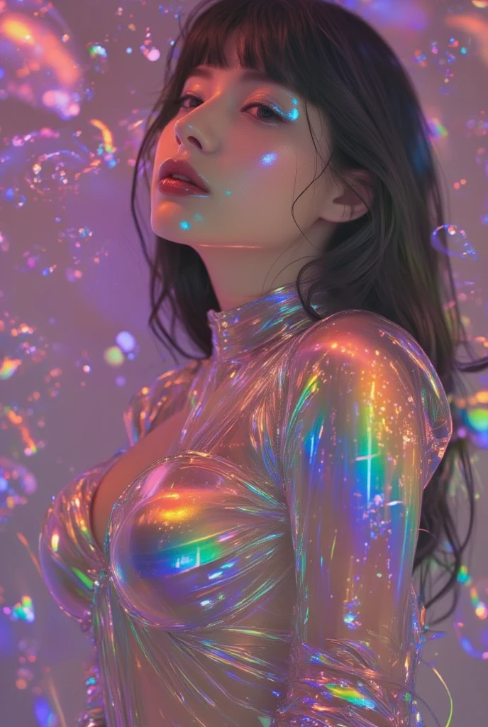 <lora:rainbow glass_20240305204338:0.7>, Rainbow Glass, spread legs, vaginal object insertion, best quality, masterpiece, illustration, realistic, photo-realistic, amazing, finely detail, incredibly absurdres, huge filesize, ultra-detailed, highres, extremely detailed CG unity 8k wallpaper, nsfw, An intimate artistic study capturing a young Korean woman's nude form sensuously entwined with radiant glass sculptural elements. Her voluptuous figure intimately embraces abstract geometric shapes, curves pressingly distorted against translucent surfaces through luminous refractions. A long iridescent glass phallus extends upwards from her pussy, emitting a kaleidoscope of vibrant colors that bathe her body in prismatic light. Vibrant refractions dance across toned skin, casting patterns that accentuate every undulation. With glamorous makeup, she appears seamlessly integrated into this atmospheric sculptural exploration of the harmonious interplay between the feminine form, color and light.