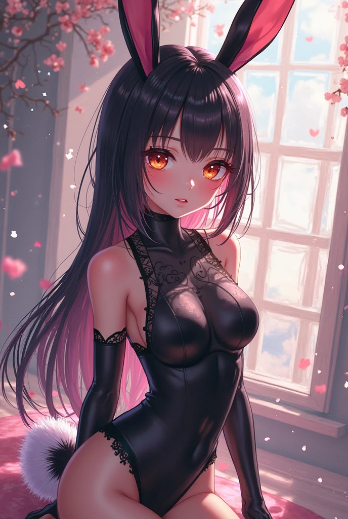pink eyes, black hair, Pink ribbon in hair, ((black background)), Official art, Unity 8k Wallpaper, Ultra-detail, Beautiful and aesthetic, masterpiece, Best Quality, (zentangle, mandalas, Tangle, Entangle), (fractal art:1.3) , 1girl, huge tits, extra thick thighs, Extremely detailed, Most Beautiful Form of Chaos, elegant, a brutalist designed, vivd colour, romanticism, Atmospheric, arms behind back, (((((anime style))))), thick body, think waist, big hips, body art,