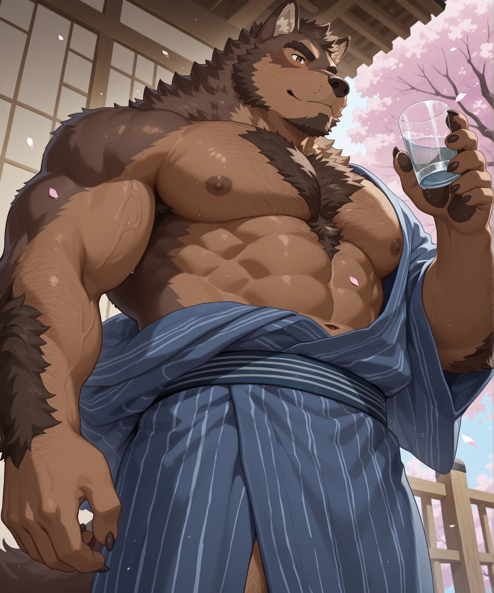 Best quality, Furry Brown Buffalo, Brown Medium Hair, Brown eyes, Brown Facial Hair, Medium Muscular Body, Handsome, Good Looking, Charming, Casual Set, Ring in Nose, Charming Pose, Fierce, Cool Pose, Happy, Joy Expression