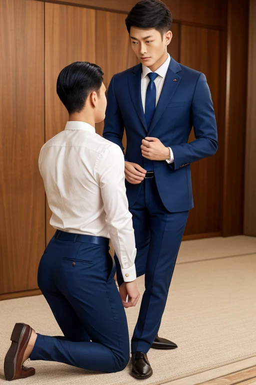 Mannequin beige dress pants white dress shirt, light yellow tie and black shoes