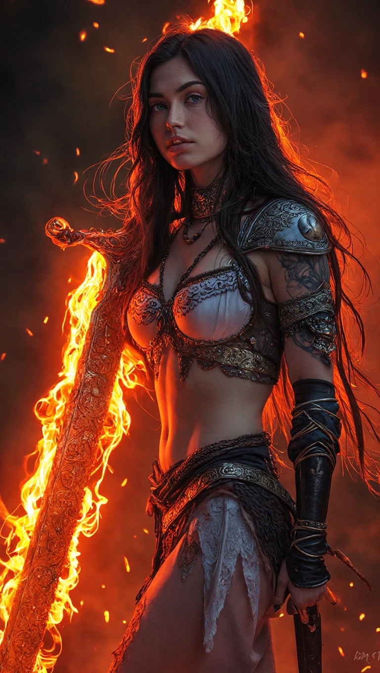 work of art, best qualityer, defLaev, hair ornament, twintails, body preto, bared shoulders, armors, gauntlets, feather trim, trunk, portraite, looking ahead at viewer, from low, fire, stones, lava, breasts exposed