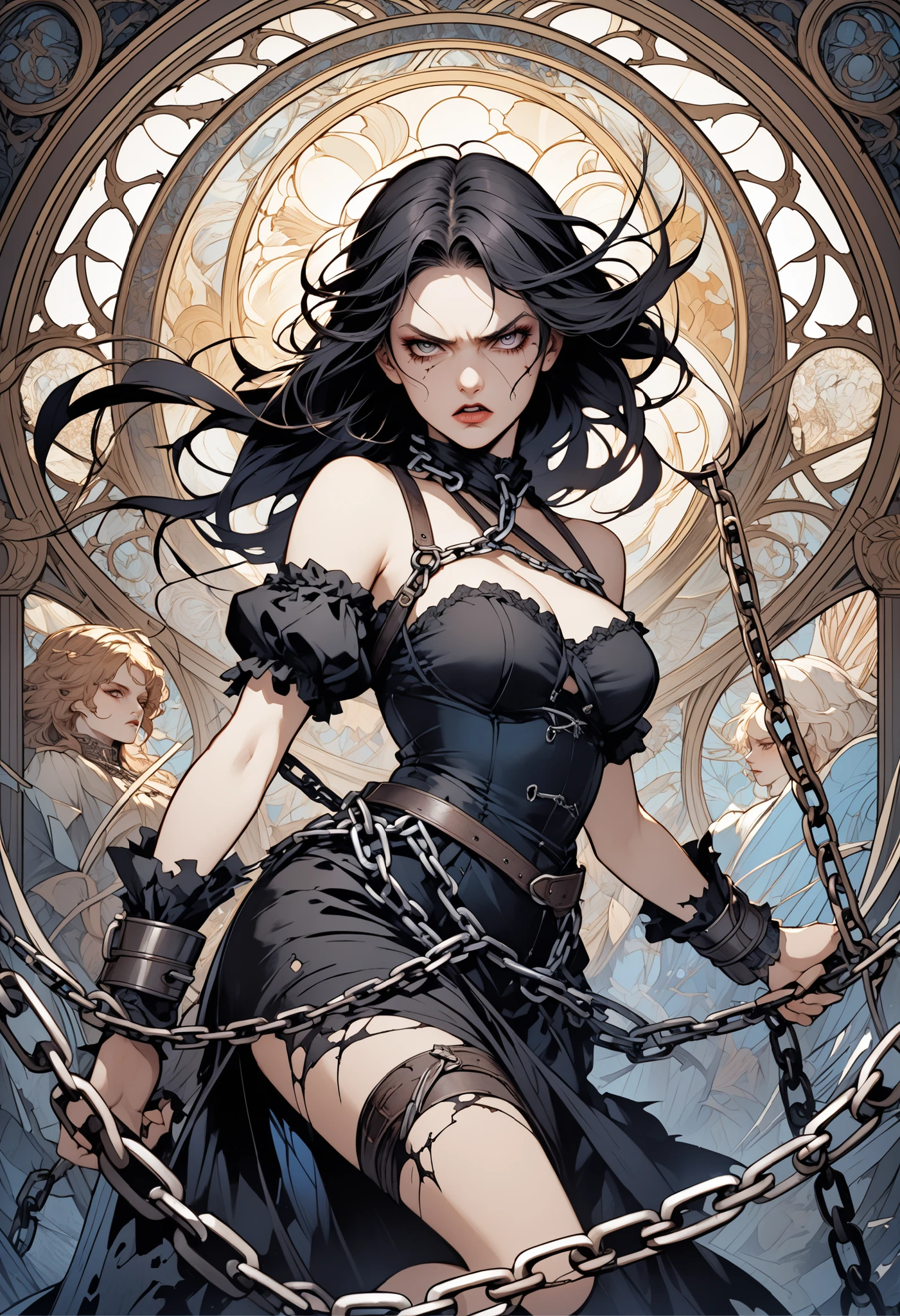 I want you to create a comic theme style illustration of a new character. She is a witch who possesses magical powers from the underworld, allowing her to summon the dead. She practices black magic and will be represented as a goddess from Greek mythology. Her appearance includes a black dress, similar to a Greek goddess's tunic.
Her hair is long, blond with some black highlights, and her eyes are a very light blue. Her lips are painted with black lipstick, and her fingertips are dark, as if they were necrotic.