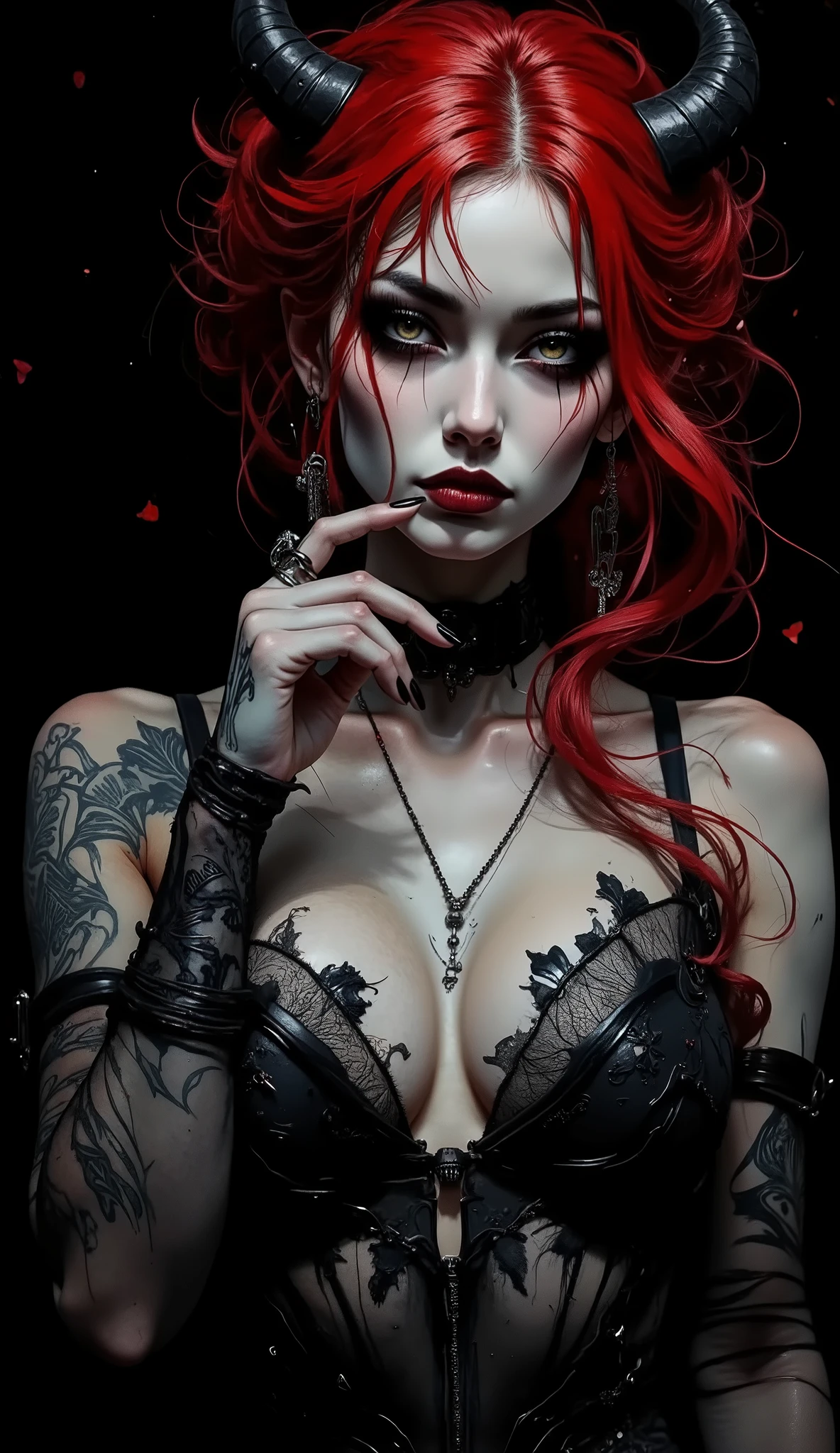 The image is a stylized portrait with a dark and melancholic aesthetic. The subject is a succubus woman with striking red hair that falls in loose waves, contrasting sharply with the dark background. Her skin is pale , which enhances the intensity of the hair color. The person has a confident expression, full lips, wearing dark and bold makeup that includes deep red lipstick and makeup Dark-eyed. The succubus applies silence with her finger in a sensual way. She wears a transparent black outfit with a pronounced neckline, which enhances the dramatic effect. A black choker adorns her neck, complementing the general Gothic style. The lighting is soft, highlighting the contours of her face and the texture of her hair, creating a mysterious and captivating atmosphere.